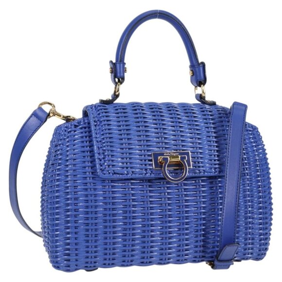 Salvatore Ferragamo Gancini Hand Bag Wicker 2way Blue Gold Auth 135631V - Picture 1 of 16